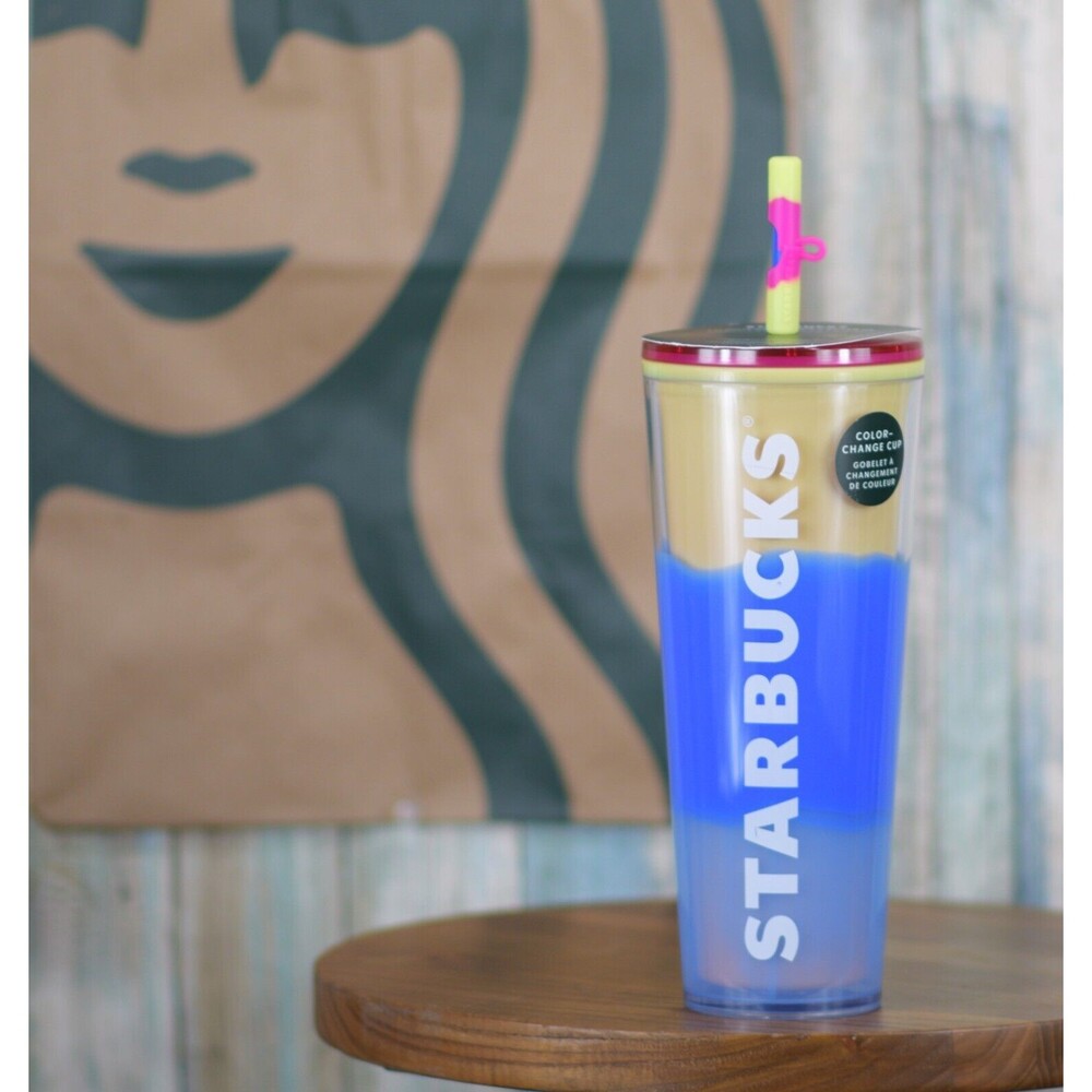 Starbucks Color Changing Cold Cup With Straw Topper Blue Yellow Venti 24oz